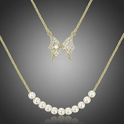 Bow For Present DOUBLE CHAIN BUTTERFLY PEARL NECKLACE KHAISTA