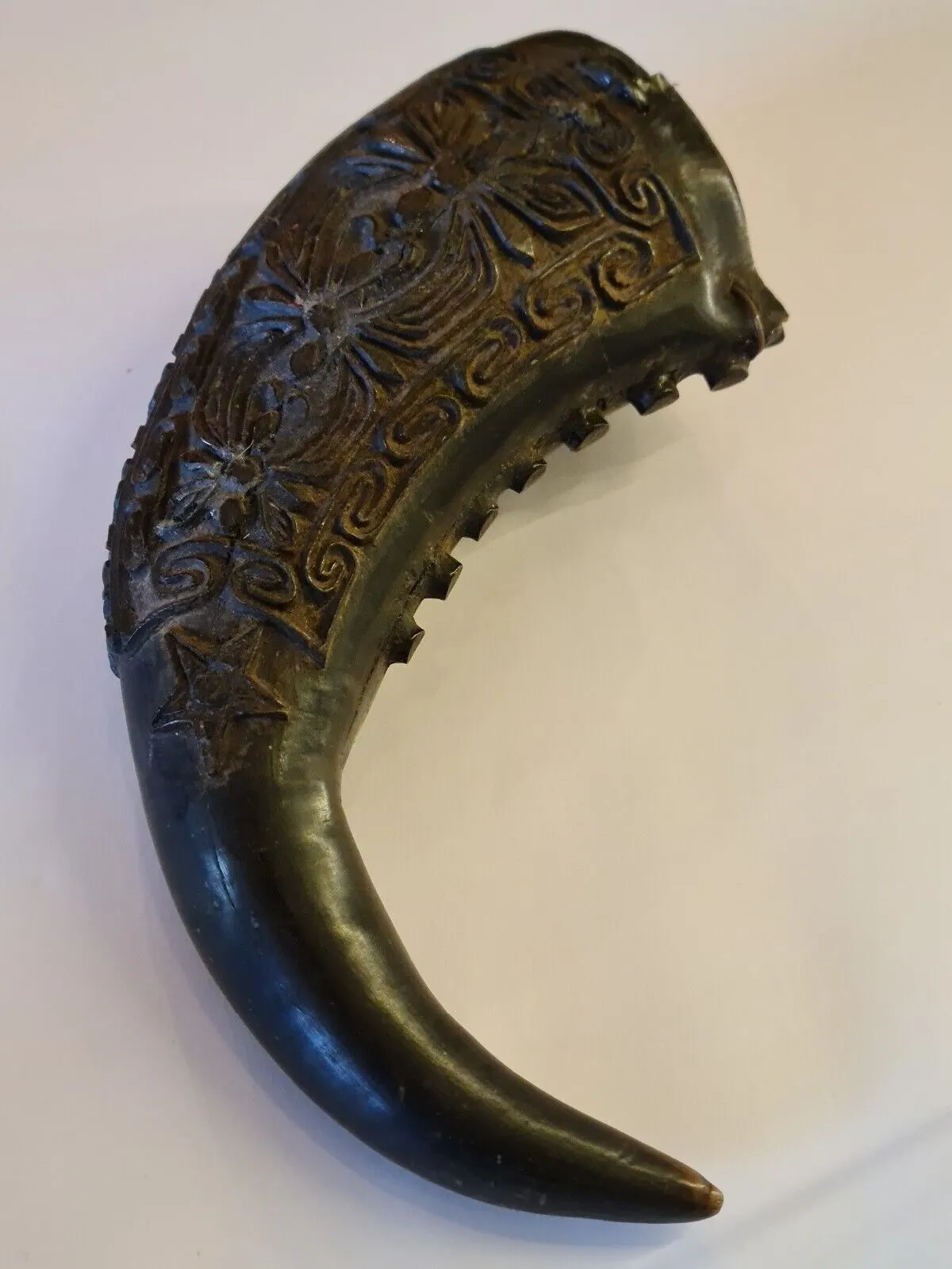 Antique African Tribal Tikar Carved Horn Palm Wine Drinking Vessel, Cameroon