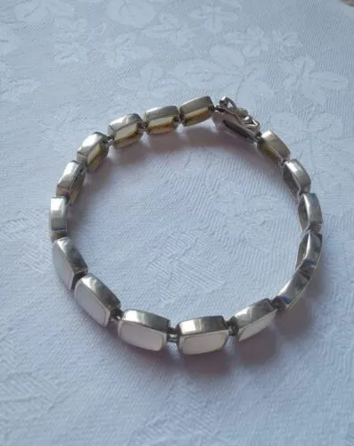 Sterling Silver Mother of Pearl Bracelet 925 Stamped Genuine MOP Used 18cm