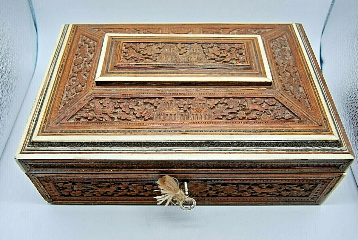 LARGE Antique Anglo Indian Vizagapatam Sadeli carved inlaid wood sewing Box +key