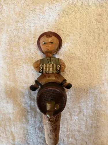 Vintage German Folk Art Carved Wood Boy on Keg Wine Bottle Cork Stopper