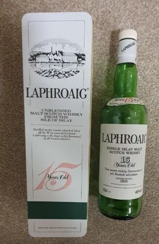 Laphroaig 15 year old (EMPTY) pre-Royal Warrant single malt whisky bottle + Box
