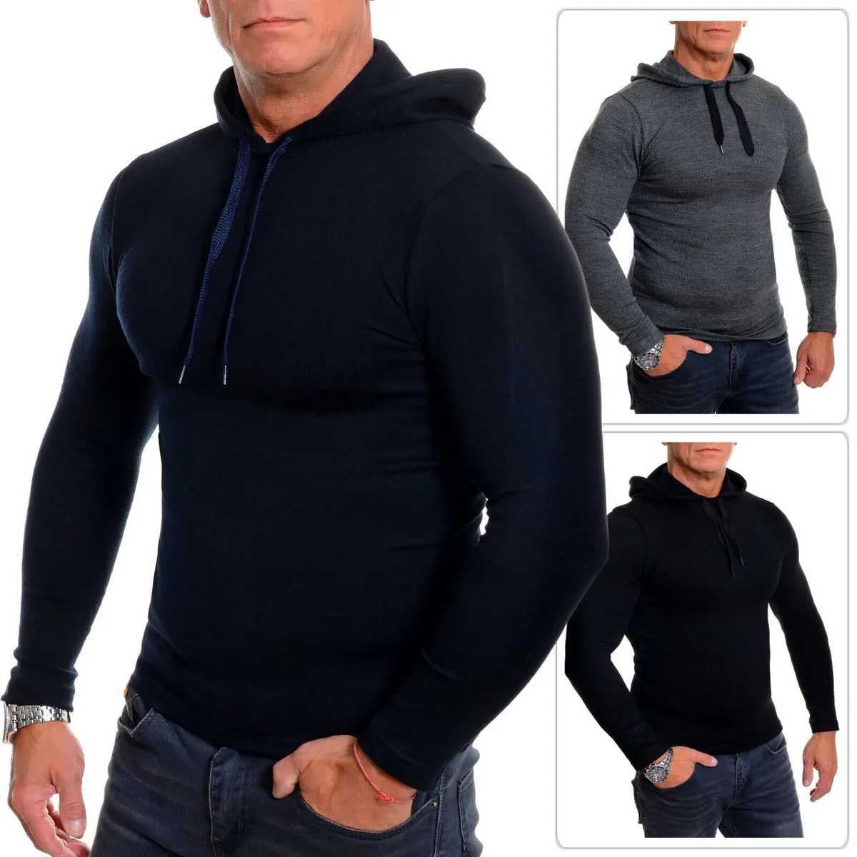 Mens Sport Hoodie Slim Fit Black Stretchy Cotton Fitness Gym Wear XL
