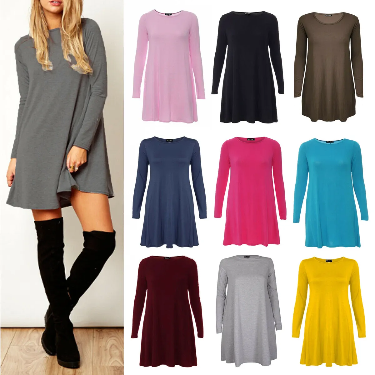 Women Ladies Long Sleeve Swing Dress Flared A Line Skater Dress Top Size UK 8.26