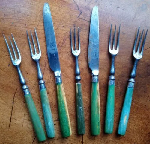 Antique Georgian 18th C silver and steel cutlery green bone handles c1790