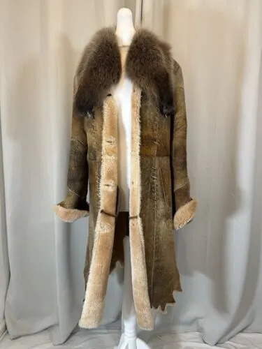 Real Arctic Fox Fur Collar Vintage Sheepskin Shearling Leather Coat F29