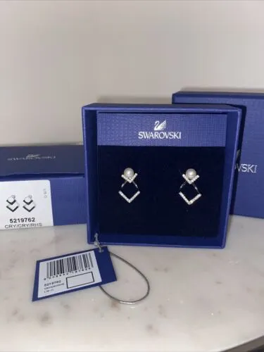 BNIB New Swarovski Swan Crystal PEARL Pierced Edify Pave Earrings Studs 5219762