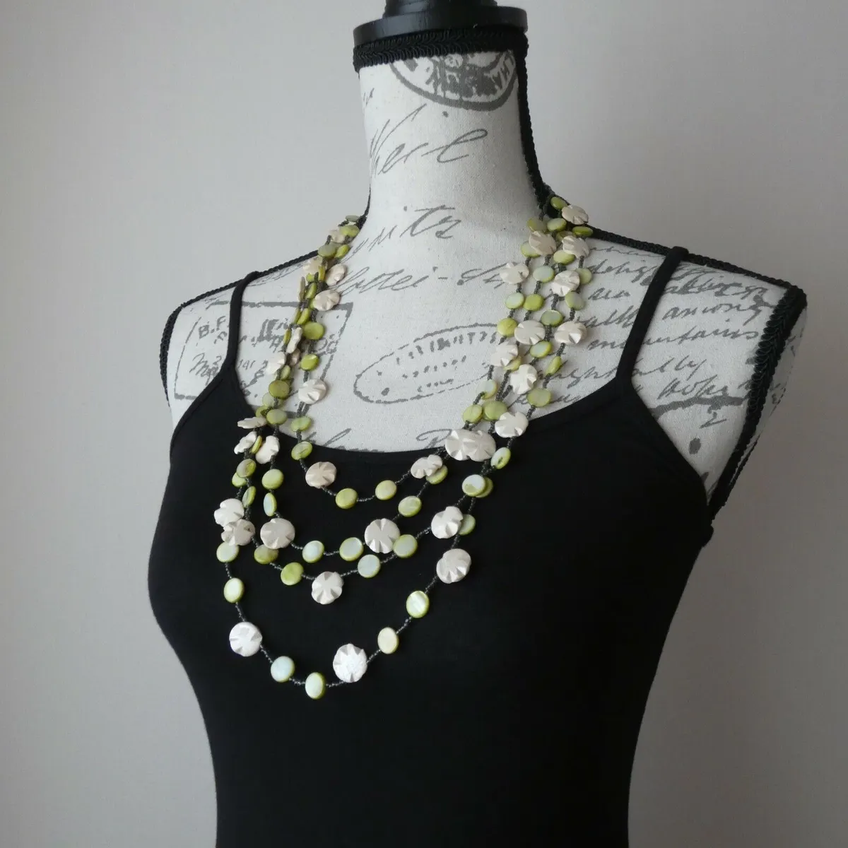 Multi Strand 4 Row Statement Necklace Big Arty Green Mother of Pearl Shell Bead