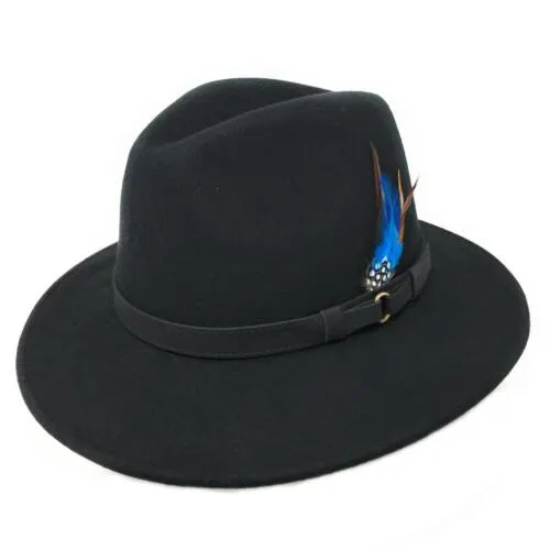Small Black Fedora Hat. Leather Band, Wool, Teflon Coated, Removable Feather