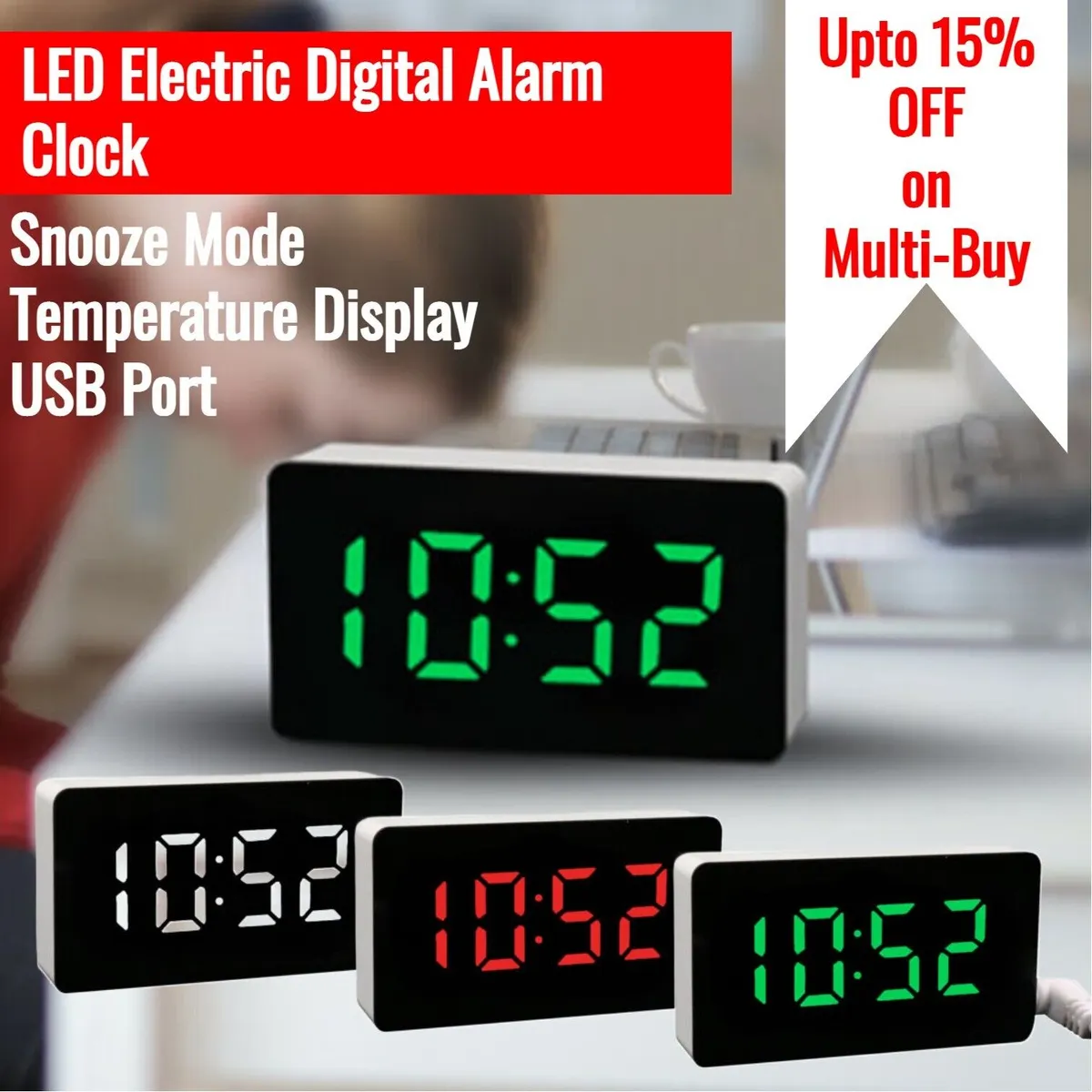 6x LED Digital Alarm Clock Mains Battery Mirror Display Bedside USB Night Light
