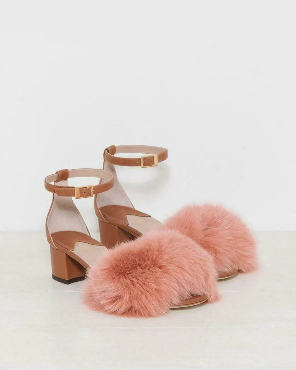 BNIB BROTHER VELLIES DHARA FOX FUR SANDALS TAN PINK UK3.5 US6 IT36