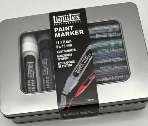 Liquitex 14 Paint Markers Set- 3 x 15mm Tip & 11 x 2mm Tip - In Metal Carry Tin