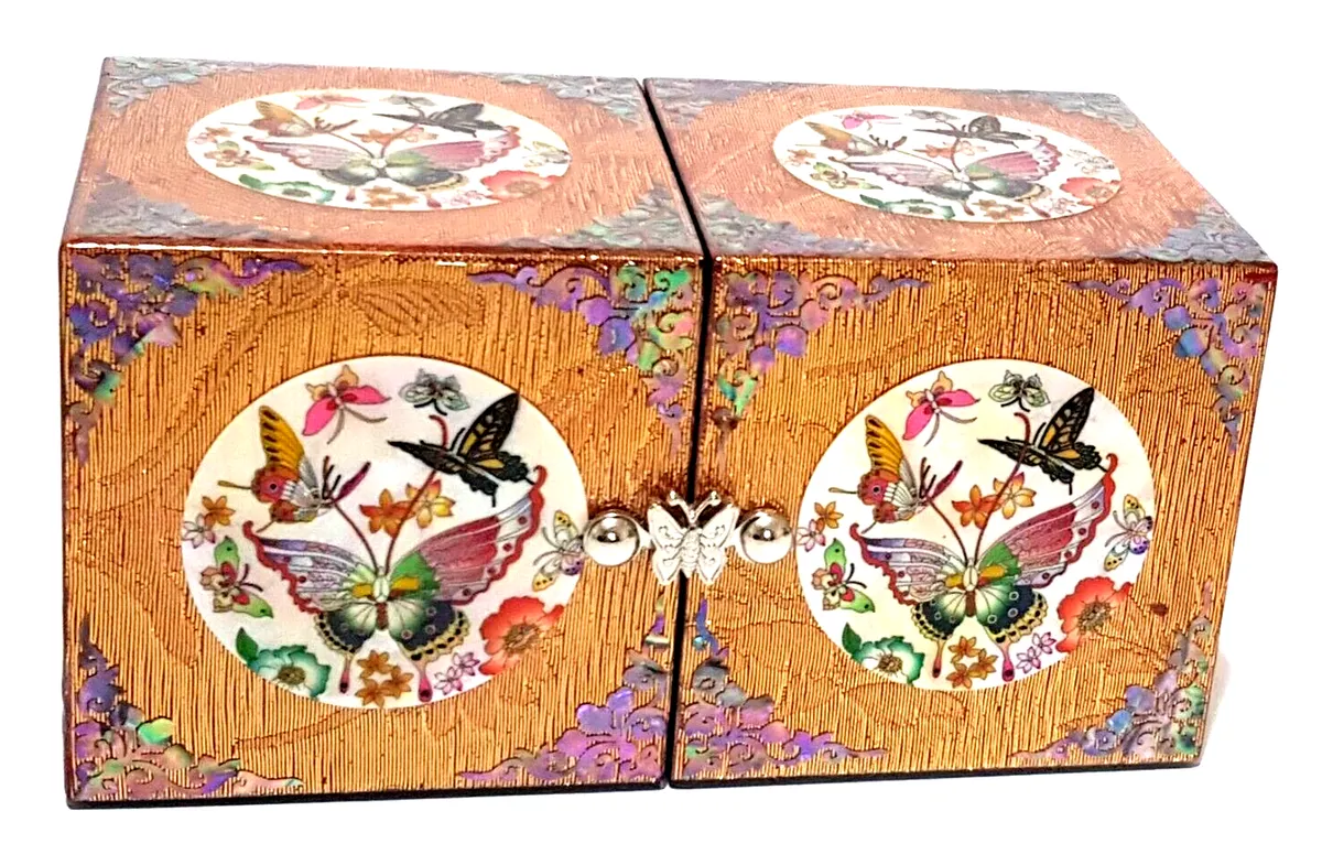 Korean Mother of Pearl Inlaid & Silk Wrapped Twin Cubic Jewellery Organiser Box