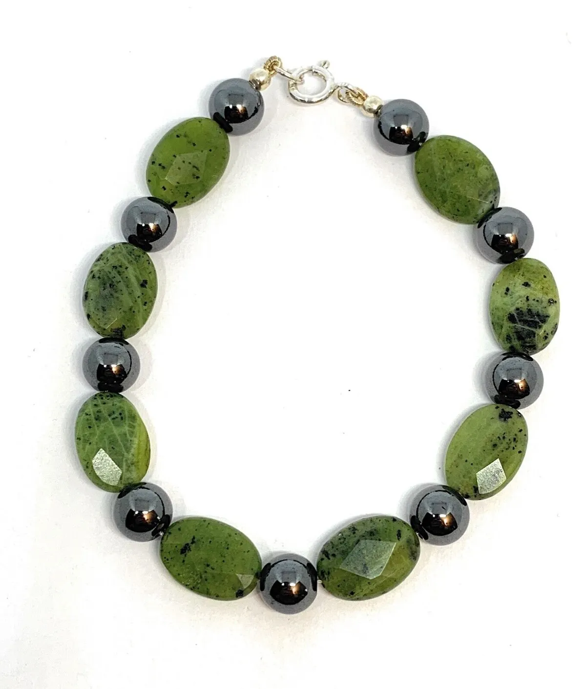 Sterling Silver Nephrite Jade & Hematite Bracelet 8 inches, 20.5cm Length