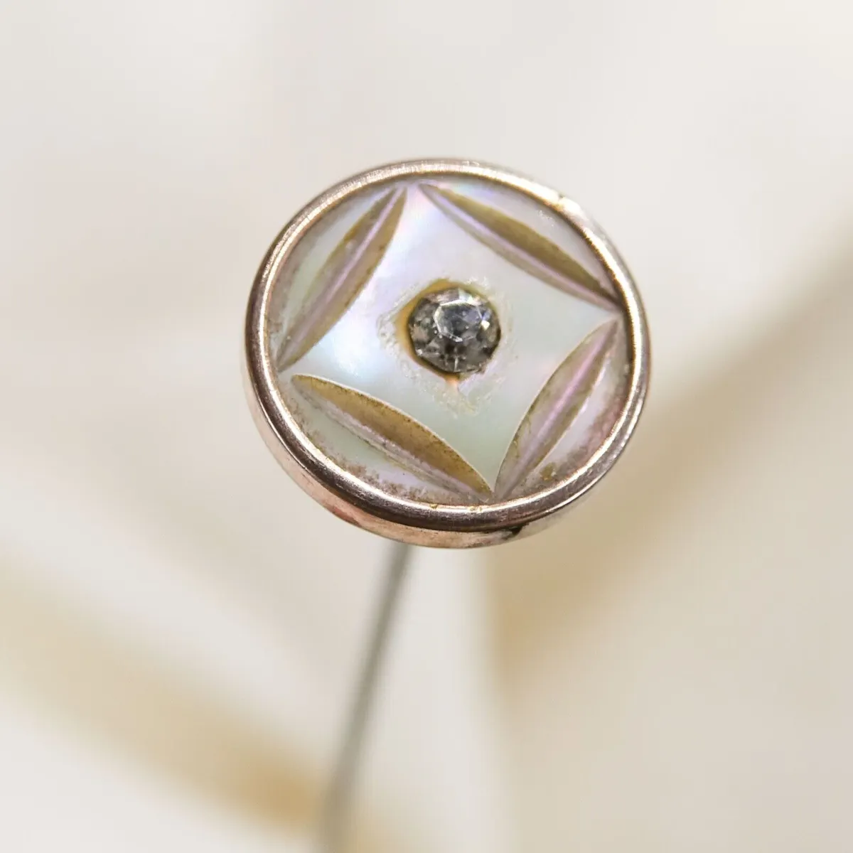 Antique Carved Mother Of Pearl Rhinestone Hat Pin 8"/20cm Vtg Dainty Edwardian