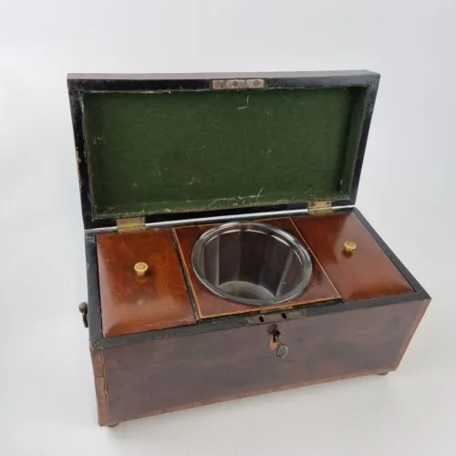 Antique 19th Century Mahogany Tea Caddy Inlaid Border Wooden Storage Box