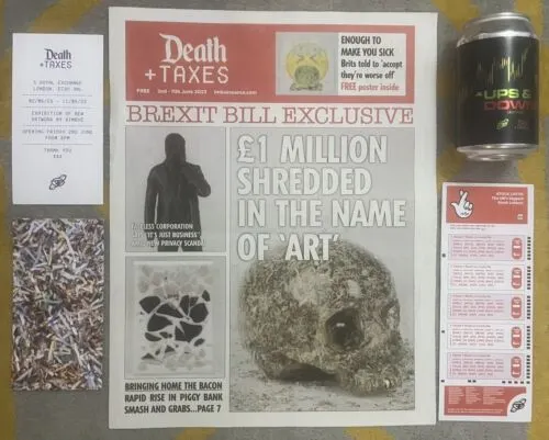 Imbue - Death + Taxes Set Newspaper, Drinks Can, Bookmark Receipt, Stock Lotto