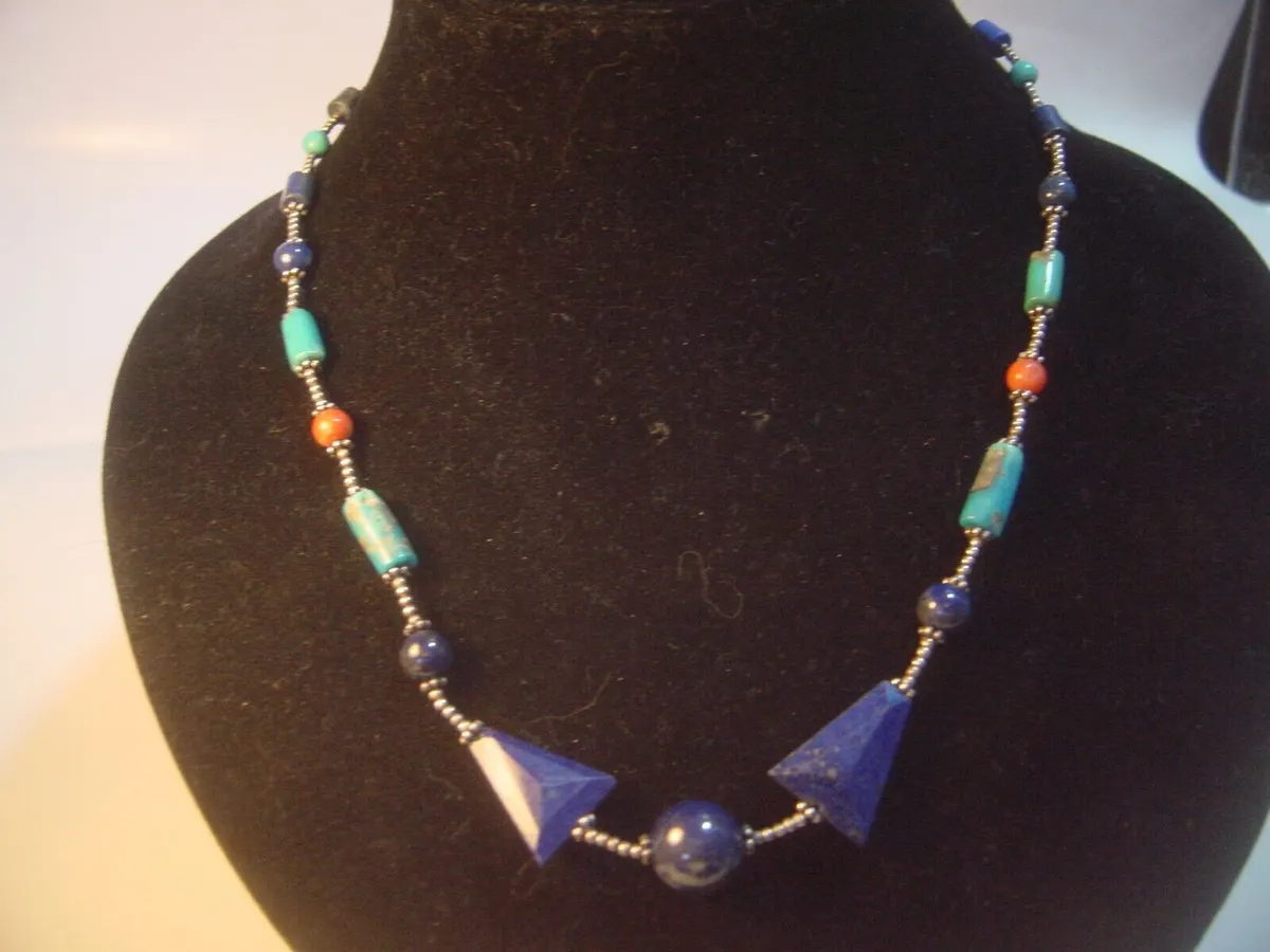 SUPERB VINTAGE SOLID SILVER LAPIS LAZULI-CORAL & TURQUOISE NAVAJO NECKLACE-18"