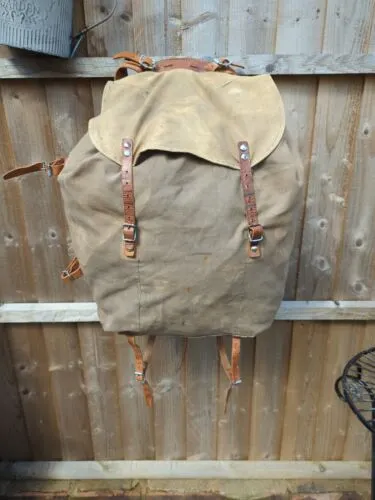 WWII Swedish Army Military Framed Canvas Leather Backpack Ruck 3 Crown Vtg