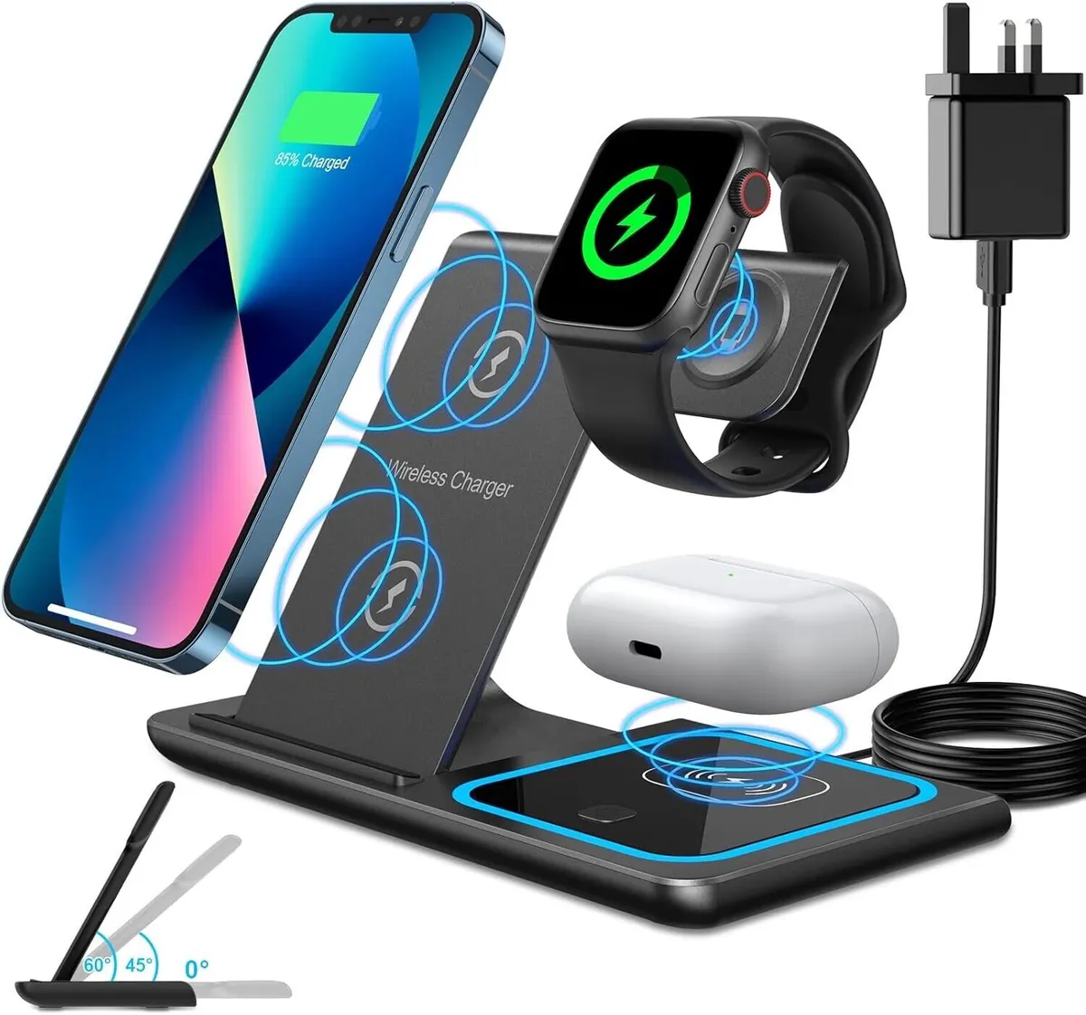 3 in 1 Wireless Charging Station 15W Fast Foldable Wireless Charger with Adapter