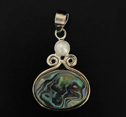 925 Sterling Silver Abalone Paua Shell and Freshwater Pearl Pendant