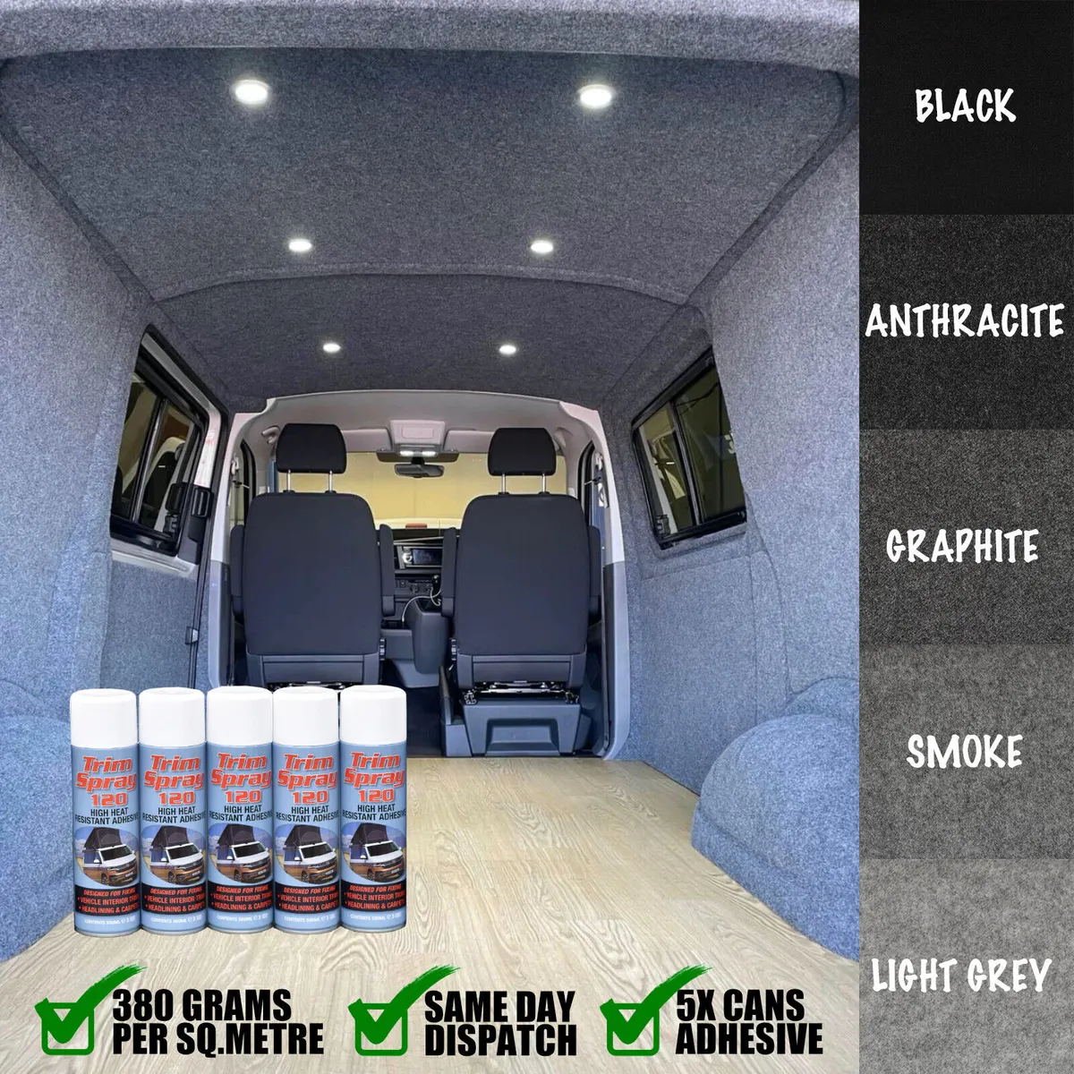 CAMPER VAN CAR CARPET LINING 4 WAY STRETCH VW T5 T6 TRIM 10 SQM + 5x ADHESIVES