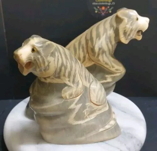 Vintage Carved And Polished Buffalo Horns Tigers VGC