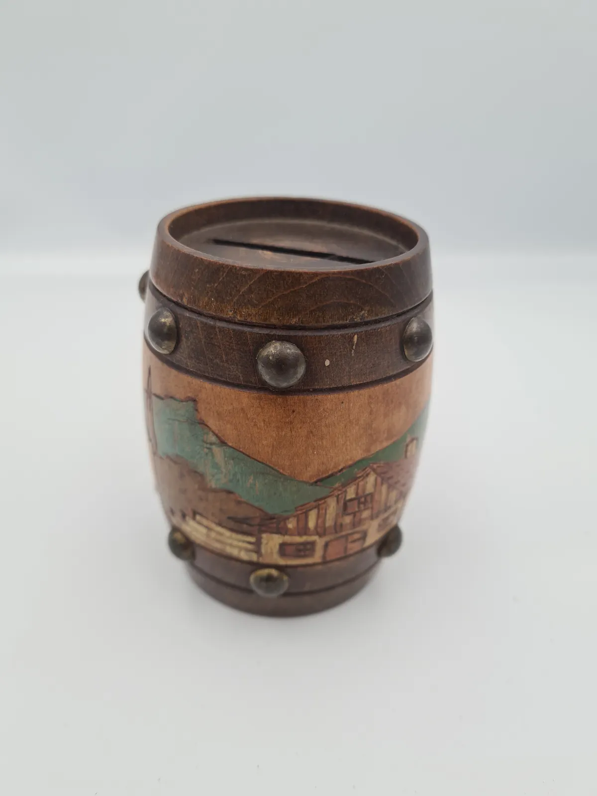 VINTAGE  MONEY BANK IN SHAPE OF A BARREL WOODEN SOUVENIER PLEASE SEE PHOTOS