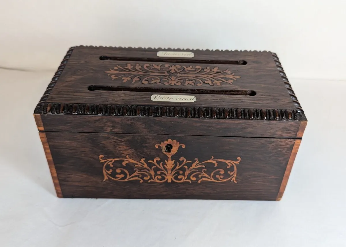 Antique Victorian Beaded Dark Wood Letter Box Mother of Pearl Engraved Patterns