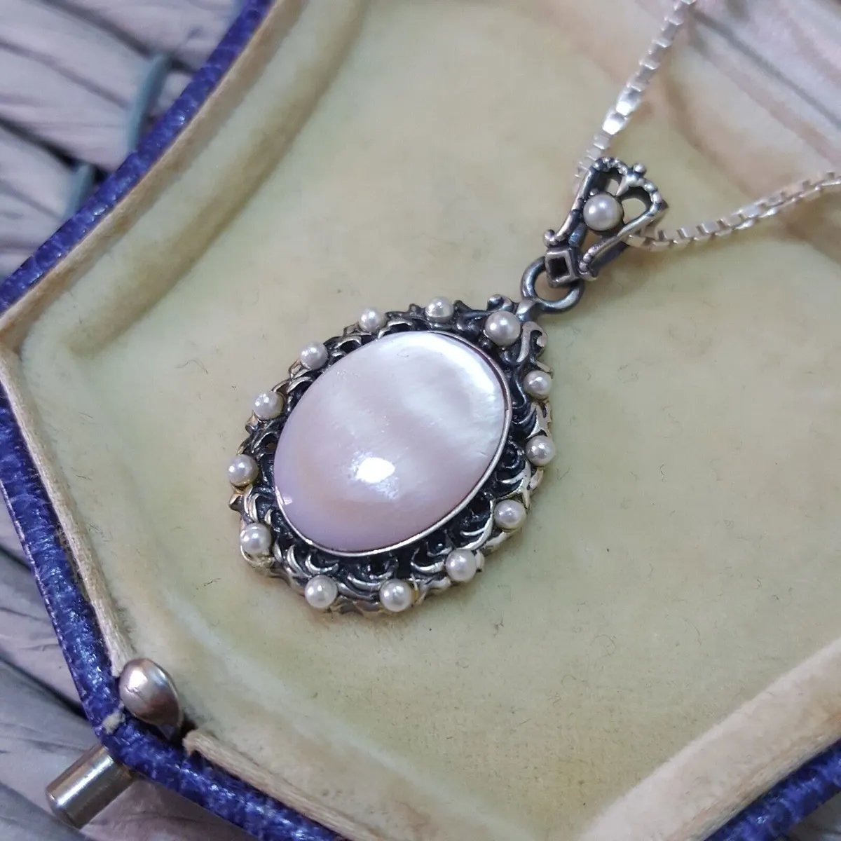 Vintage 925 Sterling Silver Necklace, Pink Mother of Pearl Pendant, Faux Pearls
