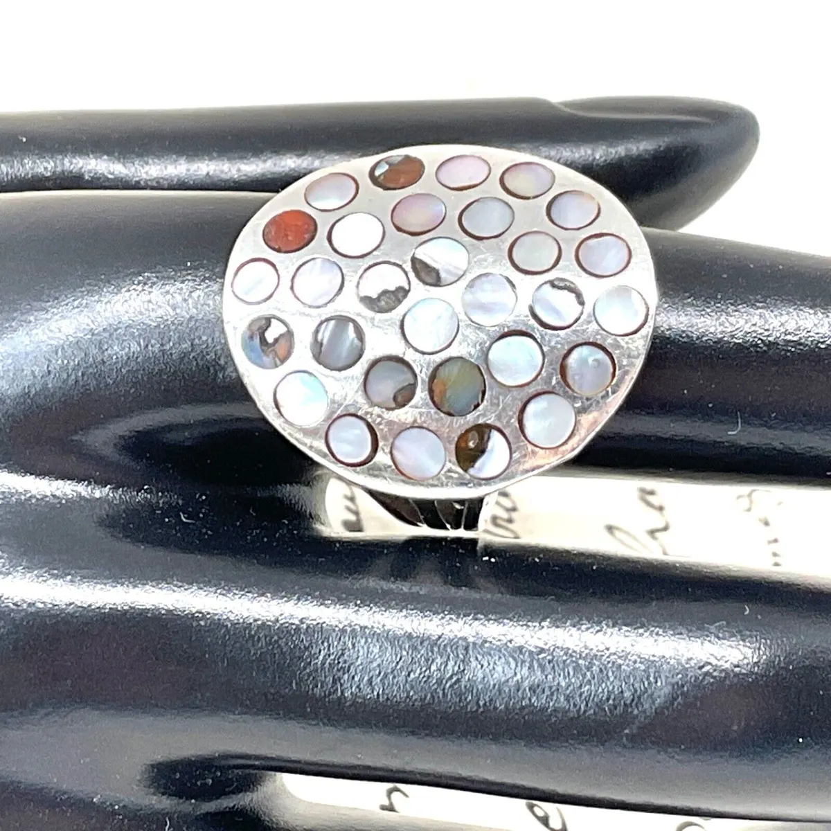 MOTHER OF PEARL Ring ~ SIZE Q 1/2 925 Sterling Silver ~ ARTISAN STUDIO Brutalist