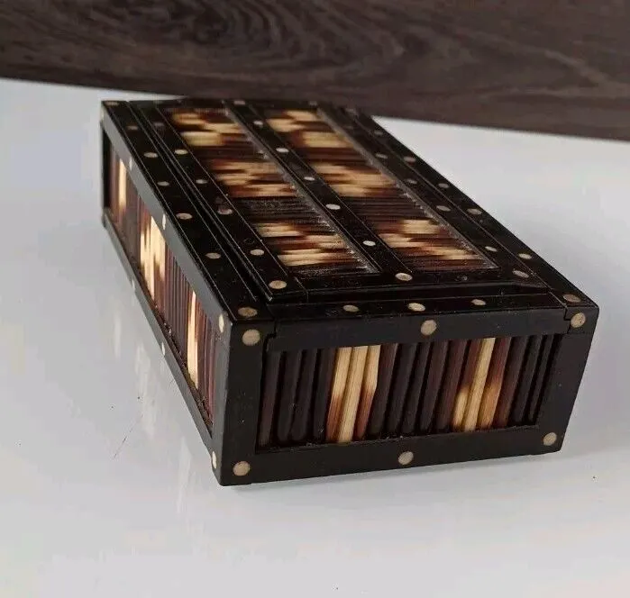 ANTIQUE PORCUPINE QUILL, BONE & EBONY TRINKET BOX SRI LANKAN HANDMADE WOODEN BOX