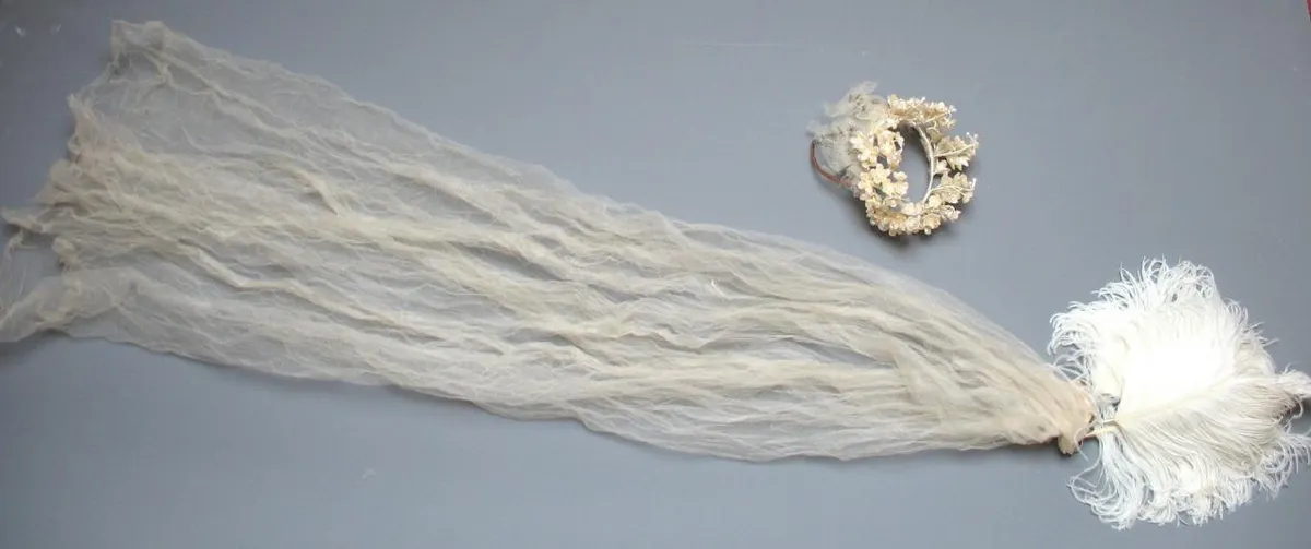 Antique Vintage Wax Flower Bridal Headdress Coronet Ostrich Feathers Veil a/f
