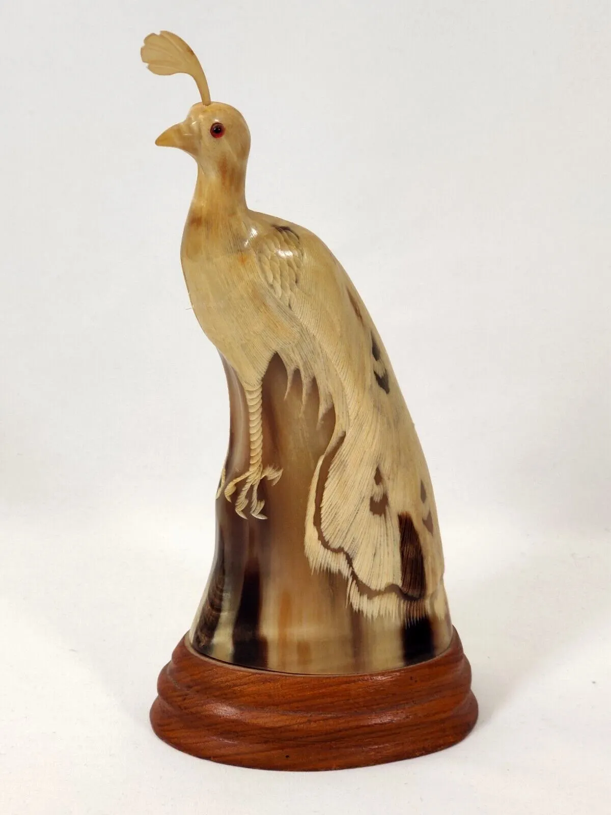 Carved Water Buffalo Horn Peacock Vintage Bird With Wooden Base 9 Inch Carving