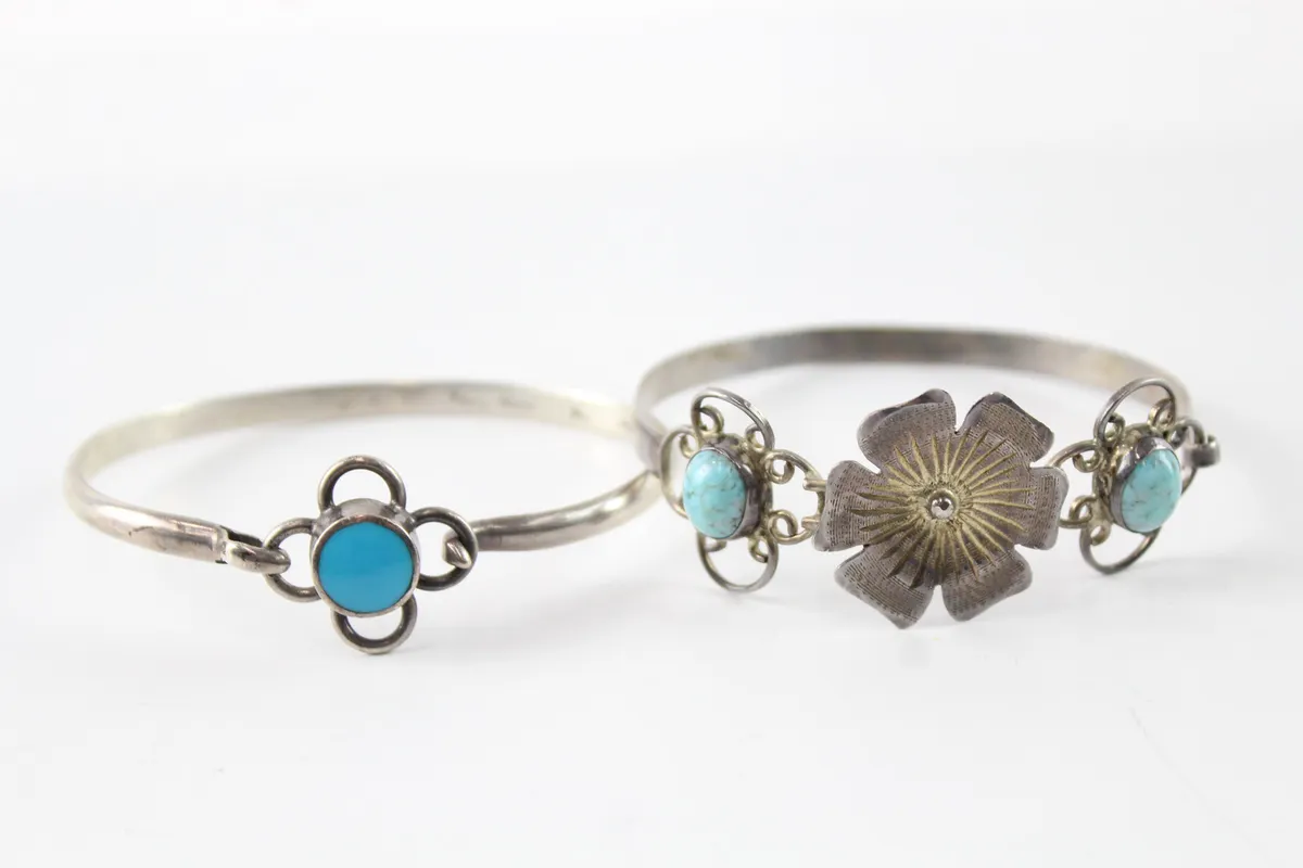 Sterling Silver Mexico Floral Stone Set Bangles x 2 (26g Silver)