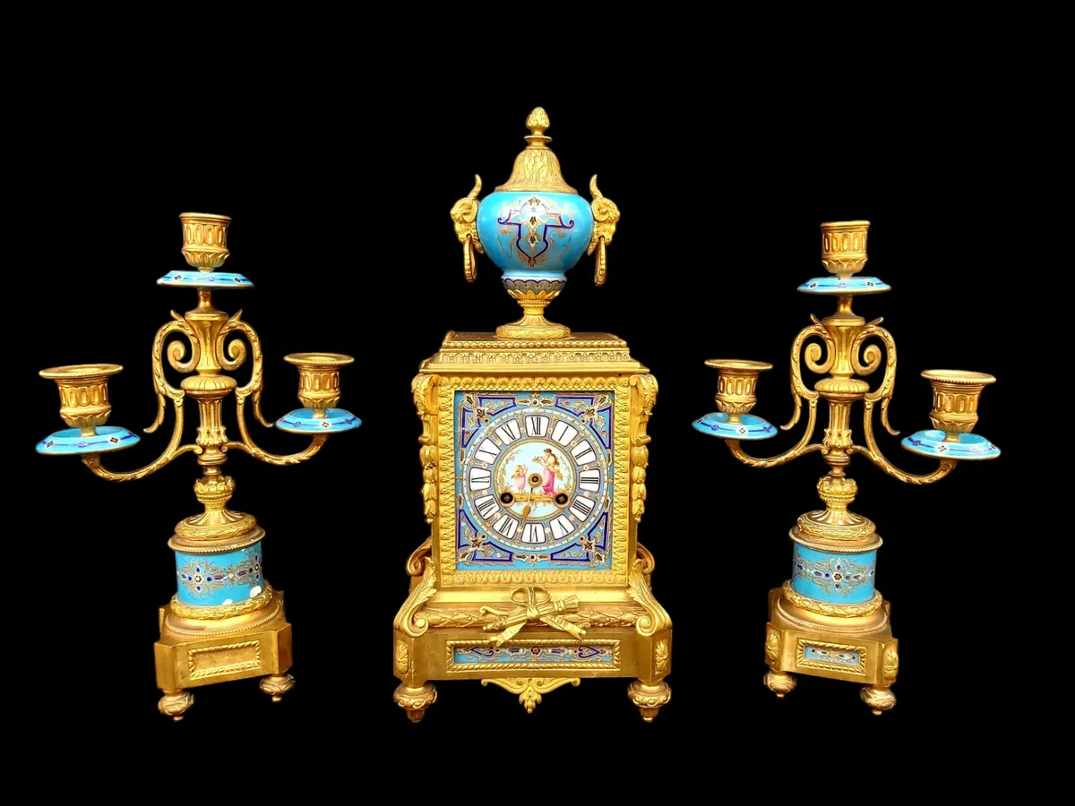 Antique Clock French Signed Japy Freres Garniture Set Bell Strike Ormolu Bronze