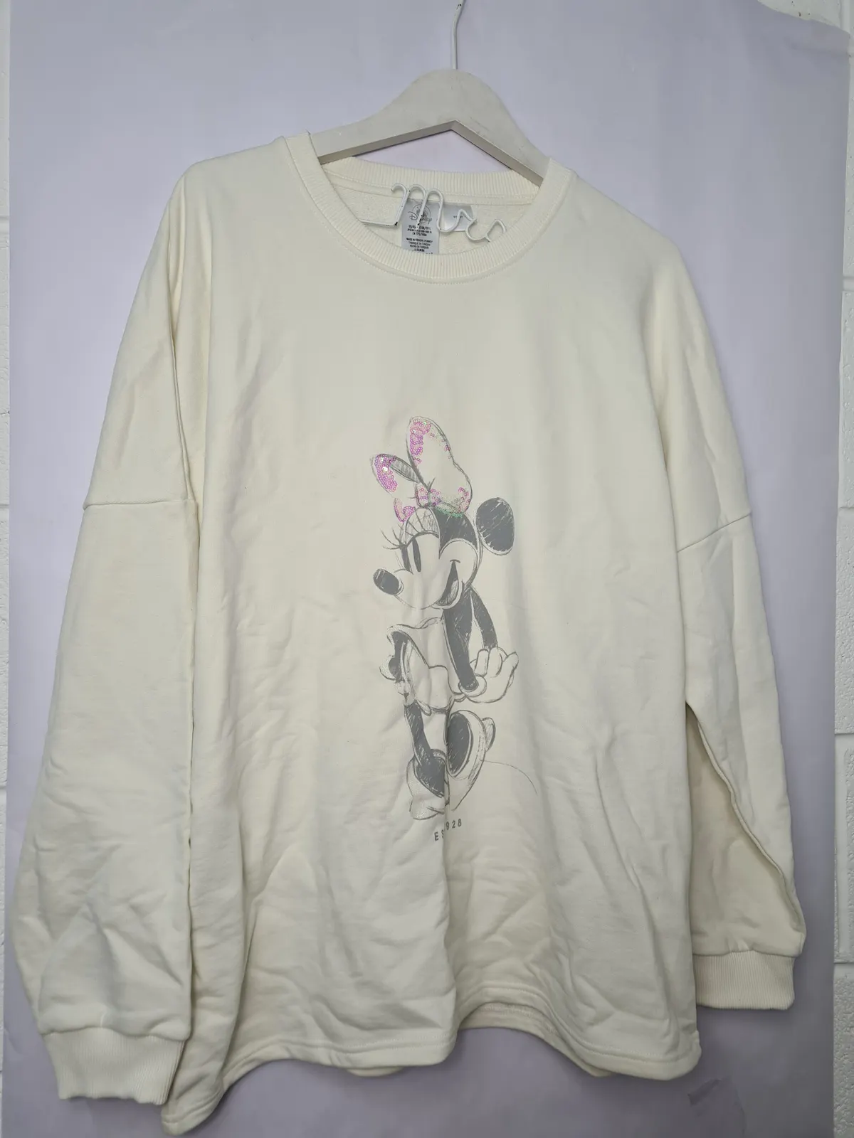 Minnie Mouse Jumper - Large - Cream - Grey - sequins & glitter