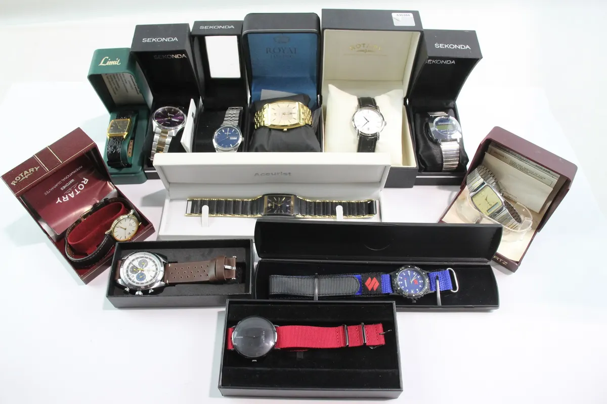 Lot of 12 Mens Assorted Boxed Quartz Watches Rotary Accurist UNTESTED Pre-owned