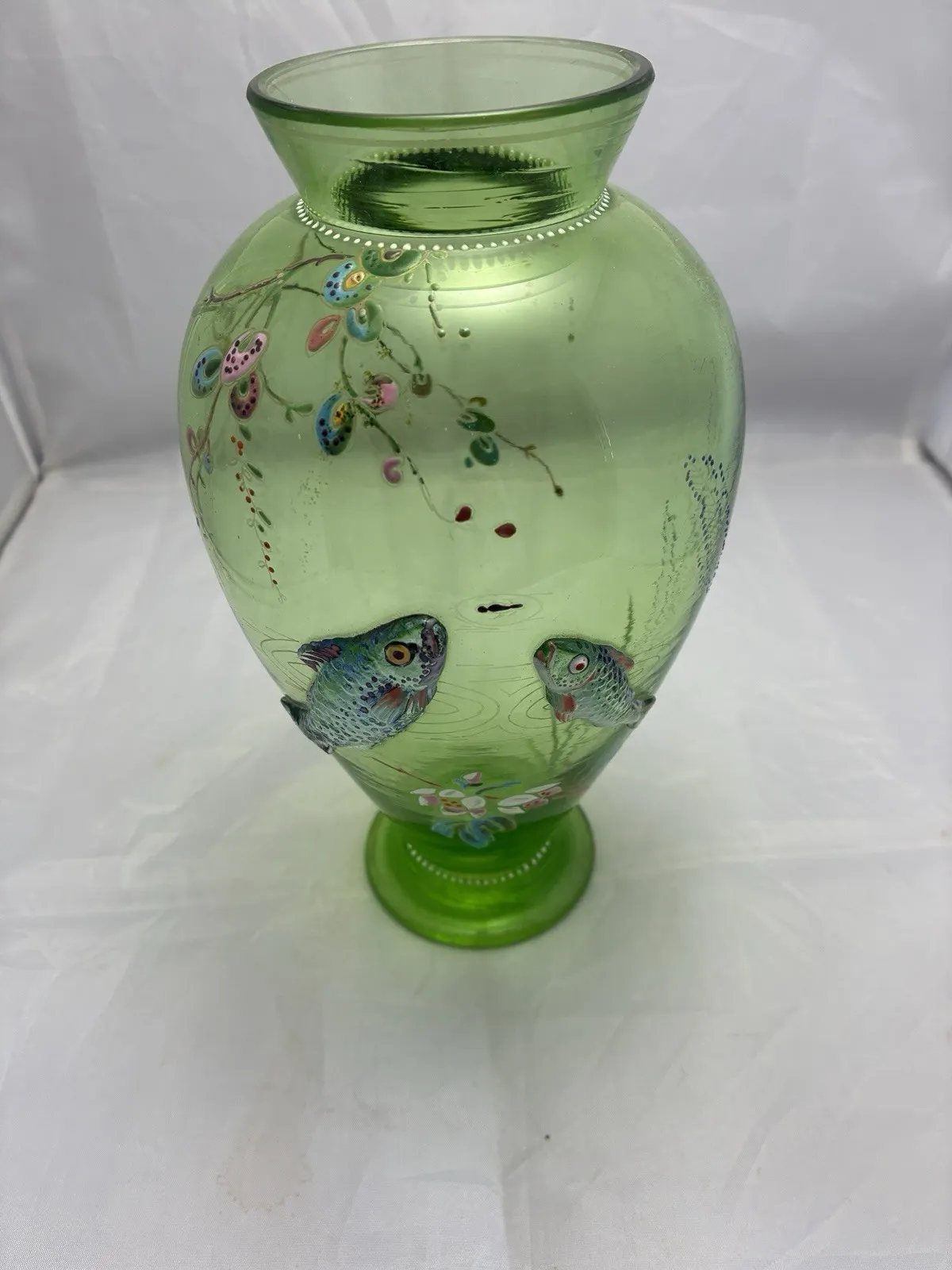 Antique Rare Moser Art Nouveau Bohemian Applied Fish Glass Vase Enamelled