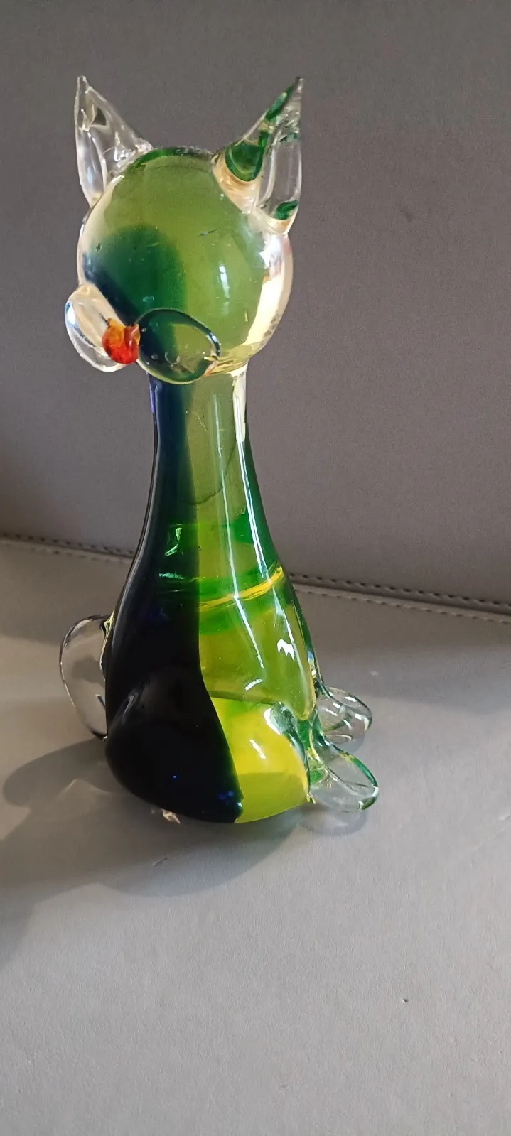 Murano Uranium Glass Cat Figurine 18cm Tall Blue Green Yellow - Minor Ear Chip