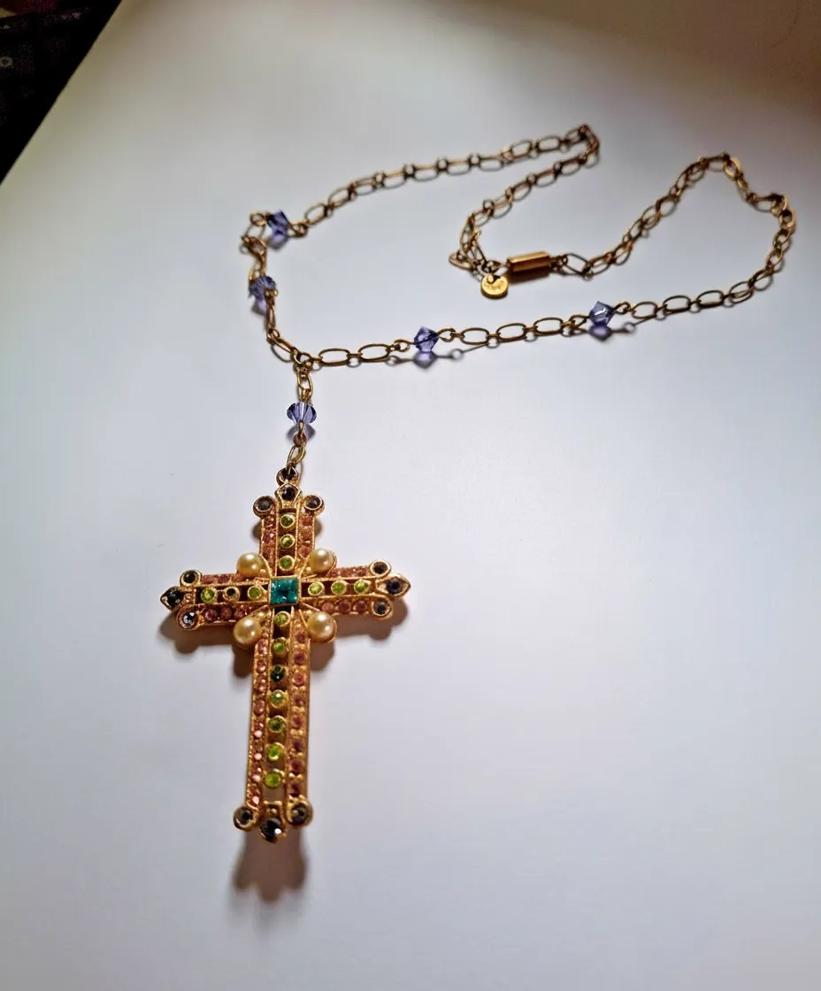 Butler & Wilson Vintage Crystal Pearl Cross Chain Necklace Harrods 1970s/80s