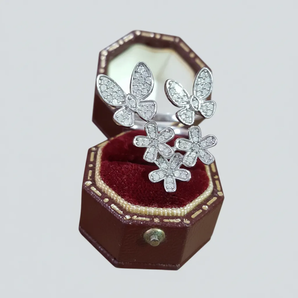 925 Sterling Silver Butterfly Flower Double Ring, 0.50ct Genuine Diamonds,