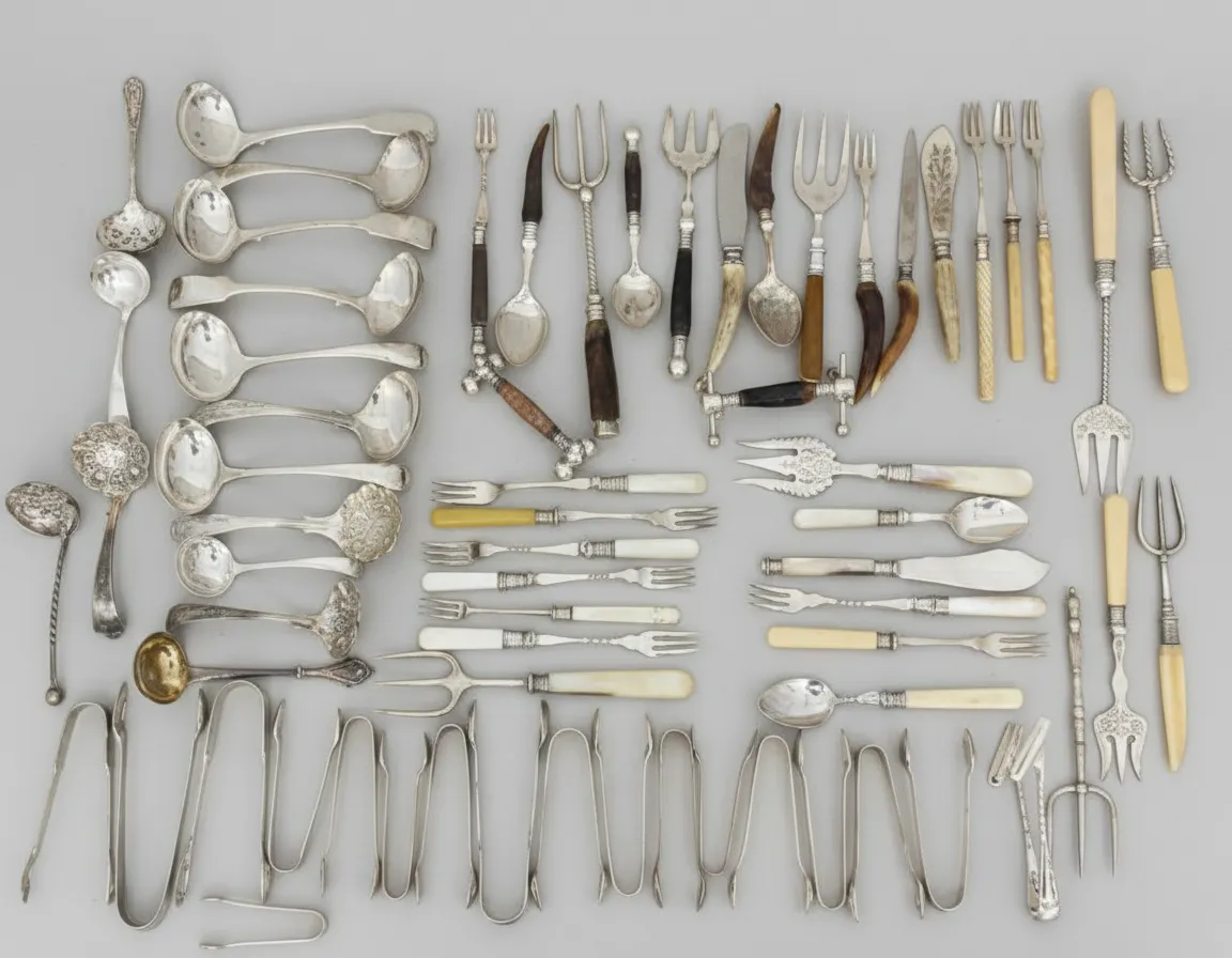 98 PC Antique Silver Plated Horn Mother Of Pearl Handle Forks Ladles Cutlery