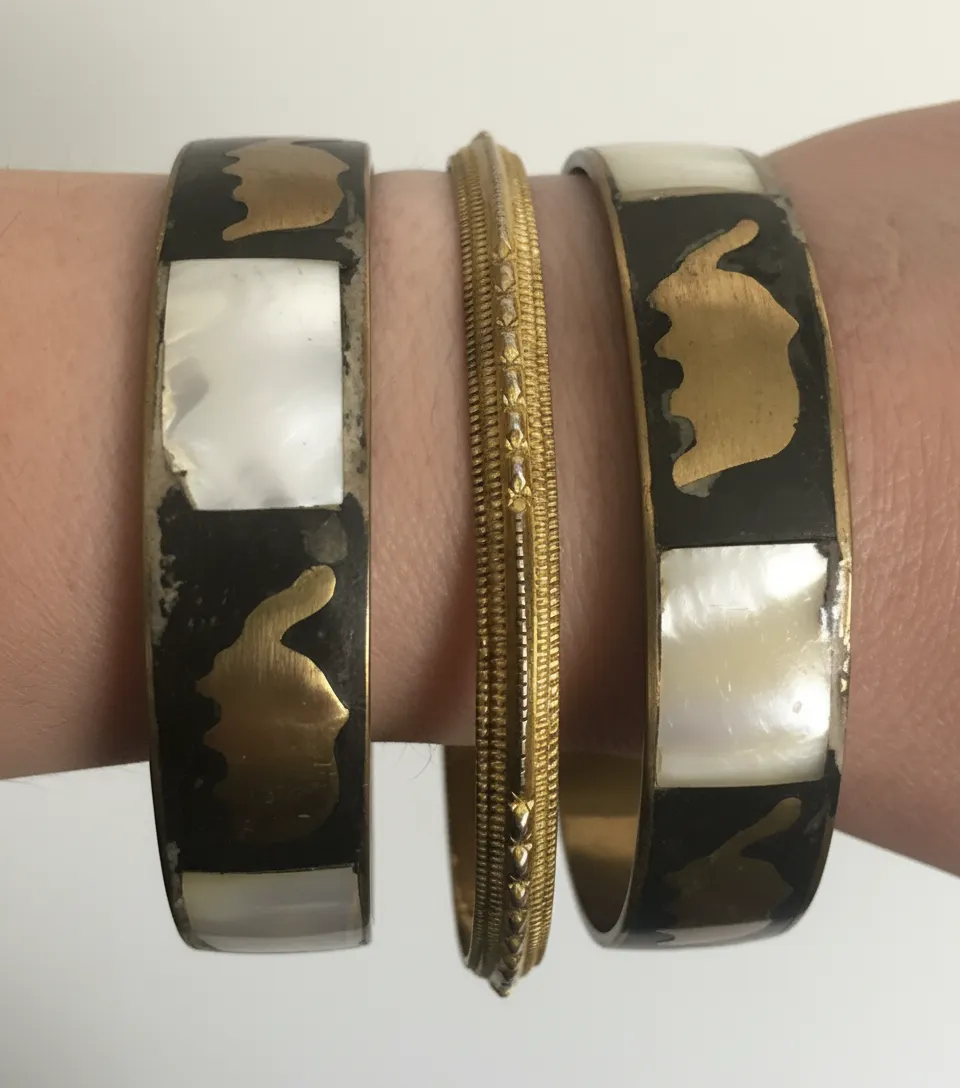 Set of 3 Vintage Bangles: 2 Mother of Pearl Brass Elephant & 1 Gold Tone - Used