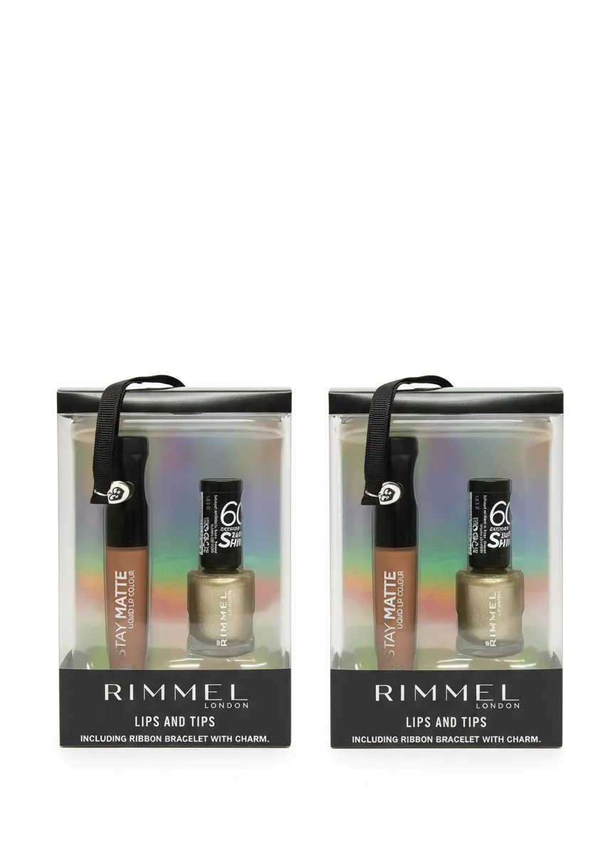 2x RIMMEL LIPS & TIPS Gift Sets: Stay Matte Lip Colour Be My Baby + Gold Polish
