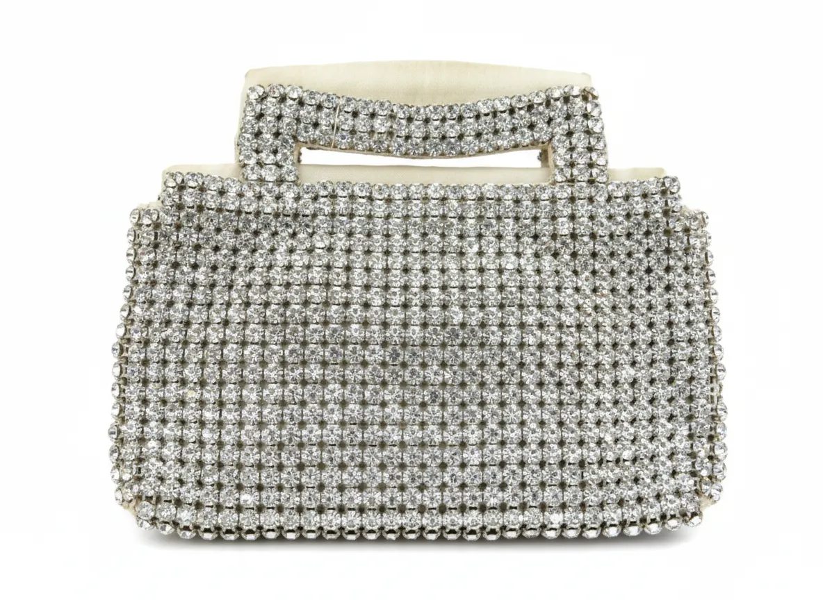 Vintage Art Deco Sparkling Rhinestone Studded Mesh Ivory Satin Evening Bag Used