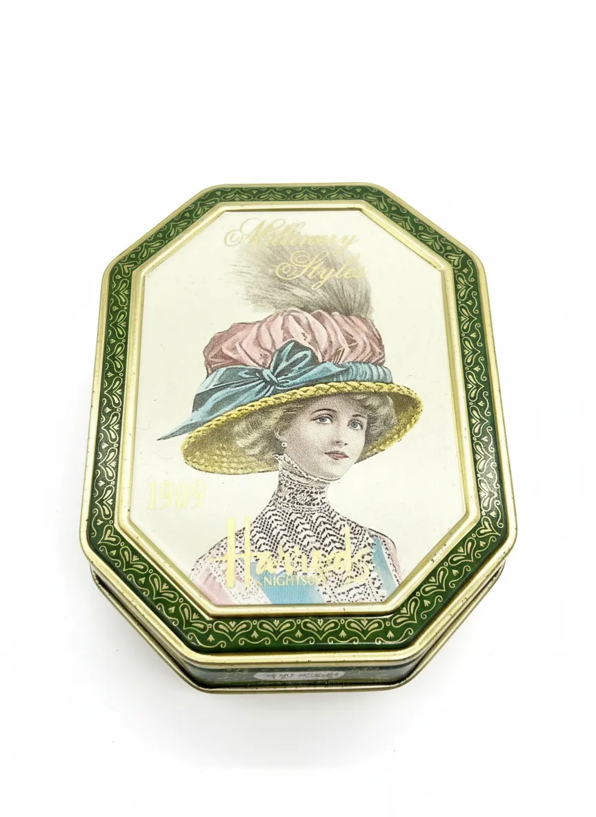 Used VINTAGE HARRODS 1909 Millinery Styles Lidded Sweet Confectionery Tin