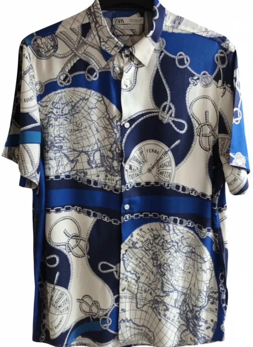 ZARA Mens XL Nautical Design Short Sleeve Viscose Shirt VGC