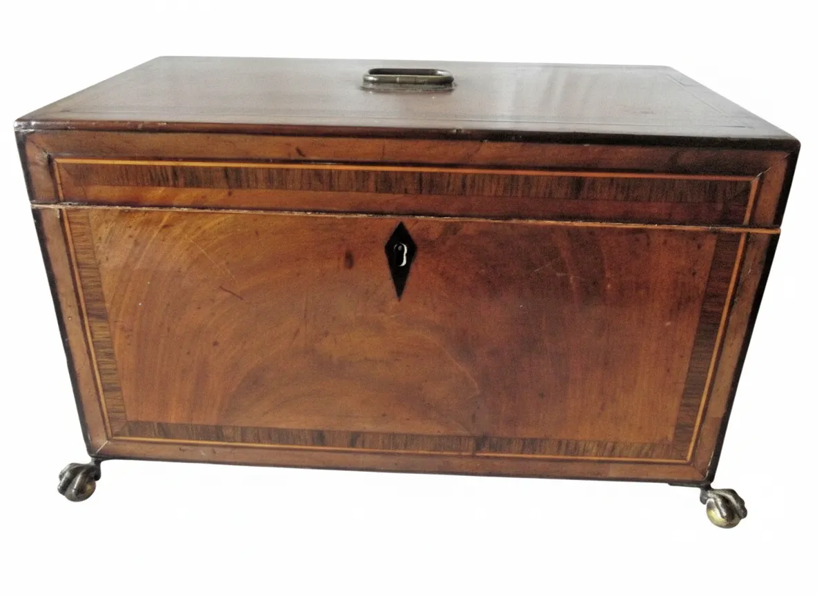 George III Mahogany Tea Caddy with 2 Compartments & Bowl on Ball & Claw Feet