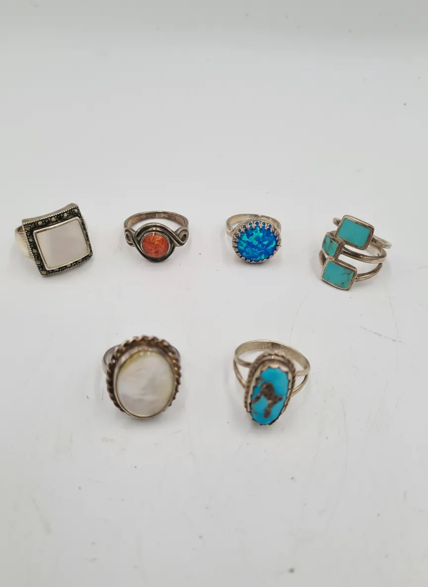 Used Sterling Silver Gemstone Rings Mixed Lot MOP Opal Turquoise x 6 (25g)